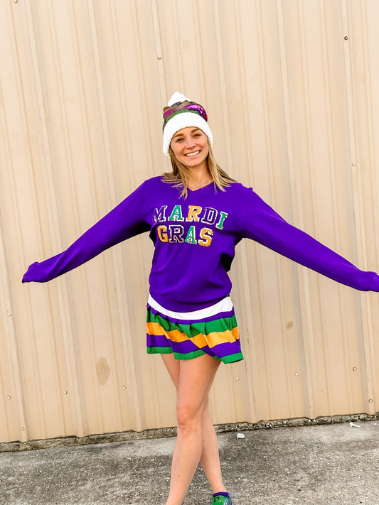 MARDI GRAS Sequin Purple V-Neck